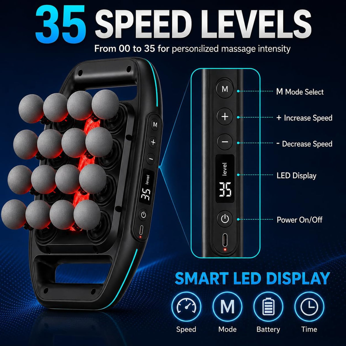 16 Head Massage Gun with 5mm Amplitude, 35 Levels, 4 Modes, Black