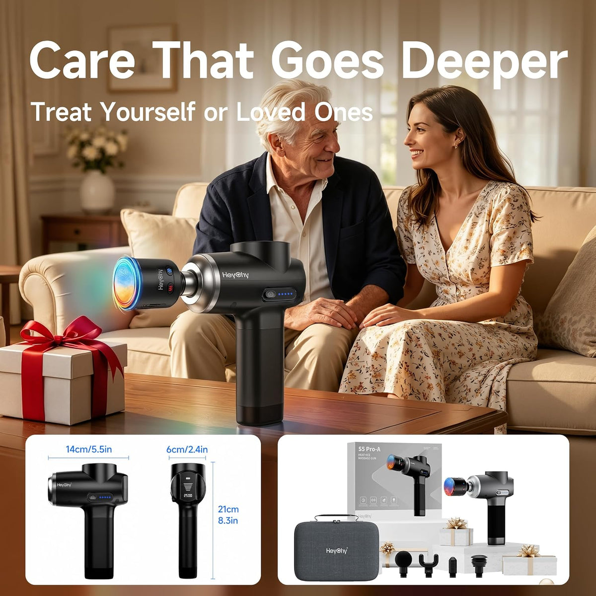 HeyChy Massage Gun Deep Tissue, Muscle Massager with Heat and Cold, 5 Heads